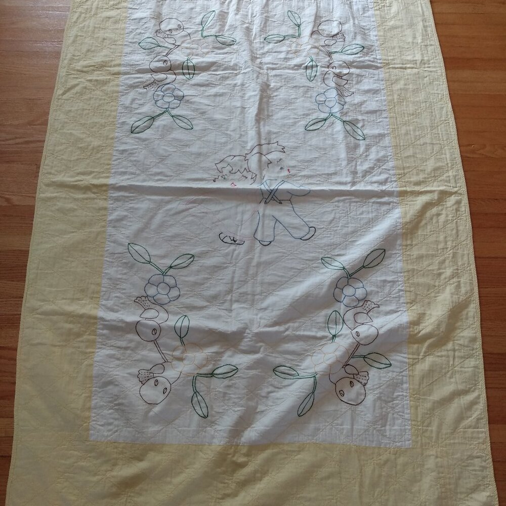 Vintage Handmade Quilt 64" by 42 1/4" Country Children Dancing Birds Embroidered